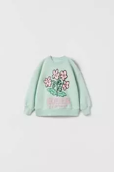 Толстовка с цветочными рубашками ZARA, вымытый зеленый