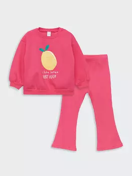 Толстовка с длинными рукавами и принтом для маленьких девочек с круглым вырезом и низ спортивного костюма, комплект из 2 предметов LCW baby, средний розовый