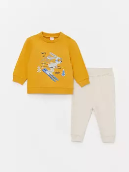 Толстовка с длинными рукавами и принтом для маленьких мальчиков с круглым вырезом и низ спортивного костюма, комплект из 2 предметов LCW baby, матовый желтый