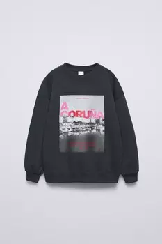 Толстовка с фото города ZARA, антрацитово-серый