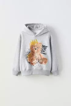 Толстовка с граффити-медведем ZARA, серый мергель