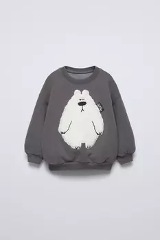 Толстовка с изображением медведя из искусственной овчины ZARA, антрацитово-серый