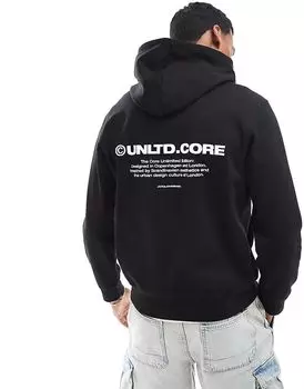 Толстовка с капюшоном большого размера с принтом на спине черного цвета Jack & Jones