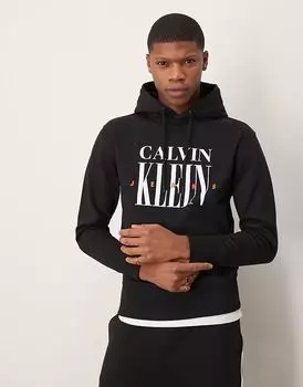 Толстовка с капюшоном Calvin Klein Jeans с большим графическим логотипом черного цвета