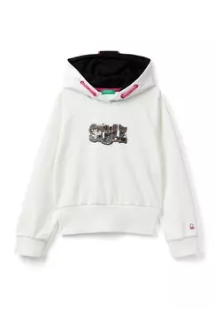 Толстовка с капюшоном CLOSED HEM AND CUFFS WITH CONTRASTING BAND AND PIPING EMBROIDERED LOGO REGULAR FIT United Colors of Benetton, белый