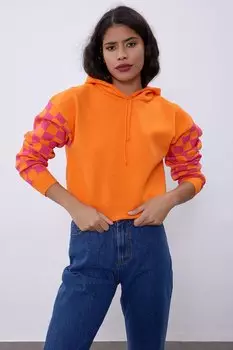 Толстовка с капюшоном цвета фуксии и шахматным узором SWK4455FU Sherin