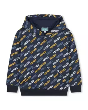 Толстовка с капюшоном для мальчика с монограммным принтом Kenzo Kids, темно-синий