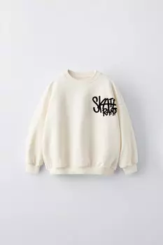 Толстовка с капюшоном и флокированным слоганом ZARA, середина экрю