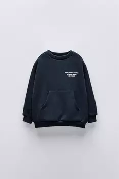 Толстовка с капюшоном и карманом-сумочкой с принтом-лозунгом ZARA, темно-синий