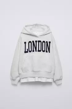 Толстовка с капюшоном и контрастным слоганом ZARA, серый мергель