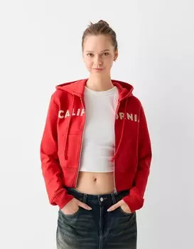 Толстовка с капюшоном и молнией с принтом Bershka, красный
