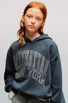 Толстовка с капюшоном и надписью «стразы» ZARA, синий