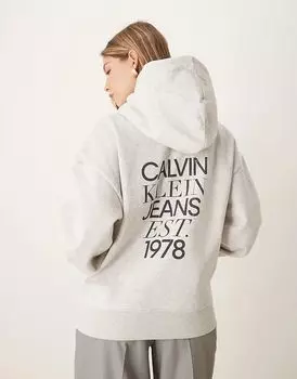 Толстовка с капюшоном и принтом на спине серого цвета Calvin Klein Jeans