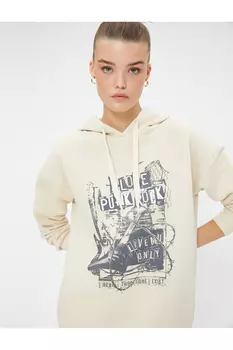 Толстовка с капюшоном и принтом с надписью, удобная посадка, длинный рукав Koton, экрю