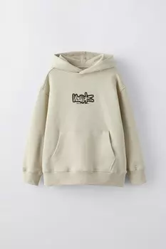 Толстовка с капюшоном и принтом слоган ZARA, бежевый