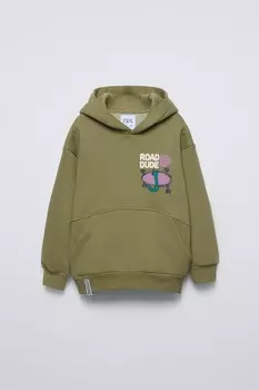 Толстовка с капюшоном и тисненым принтом ZARA, зеленый