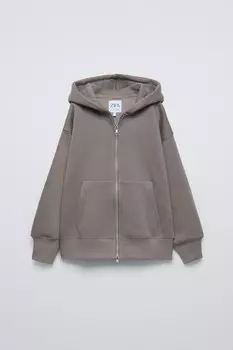 Толстовка с капюшоном и застежкой-молнией ZARA, жемчужно-серый
