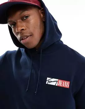 Толстовка с капюшоном и завязками на шнурке с фирменным логотипом темно-синего цвета Tommy Jeans