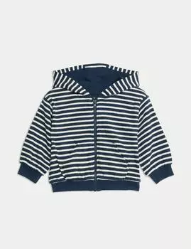 Толстовка с капюшоном из чистого хлопка в полоску на молнии Marks & Spencer, синий