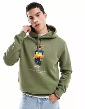 Толстовка с капюшоном из флиса с принтом медведя Polo Ralph Lauren зеленого цвета