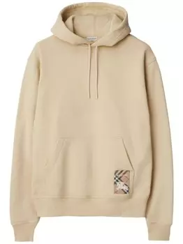 Толстовка с капюшоном из хлопка с клетчатыми нашивками Burberry, нейтральный цвет