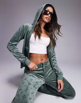 Толстовка с капюшоном Juicy Couture из велюра с тисненой монограммой и застежкой-молнией цвета хаки