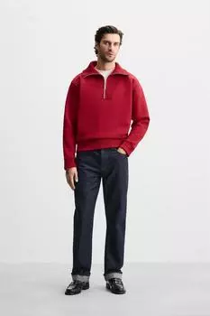 Толстовка с капюшоном на четверть молнии ZARA, красный