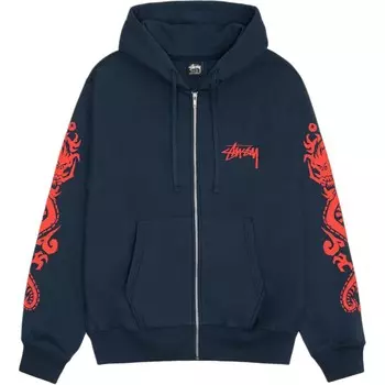 Толстовка с капюшоном на молнии с драконами Stussy, синий
