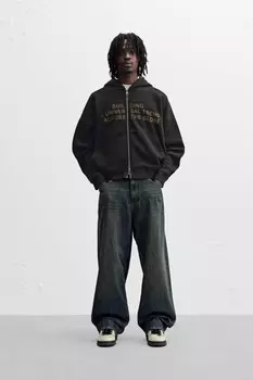 Толстовка с капюшоном на молнии с принтом ZARA, черный