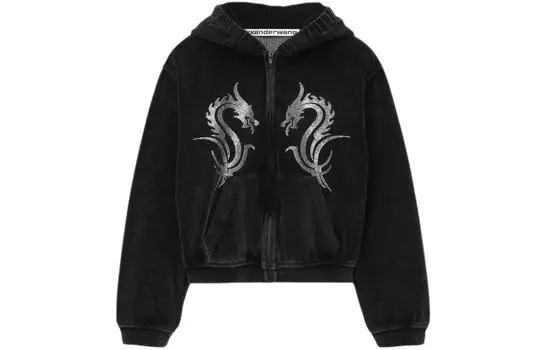 Толстовка с капюшоном на молнии, украшенная кристаллами Alexander Wang, черный