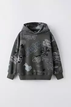 Толстовка с капюшоном с принтом «граффити» ZARA, антрацитово-серый