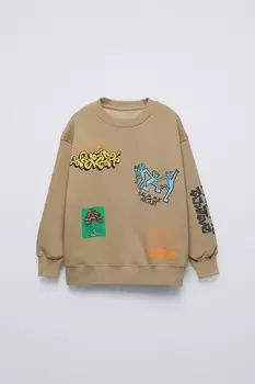 Толстовка с капюшоном с принтом граффити ZARA, средний верблюд