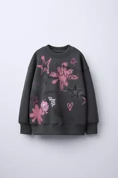 Толстовка с капюшоном с принтом «граффити» ZARA, антрацитово-серый