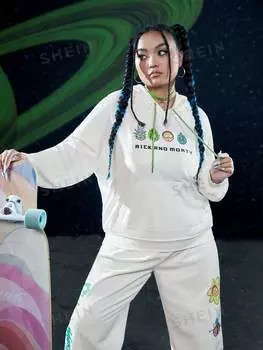 Толстовка с капюшоном Shein Plus со слоганом и мультяшным рисунком, белый