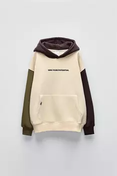Толстовка с капюшоном в стиле «цветной блок» с этикеткой ZARA, экрю