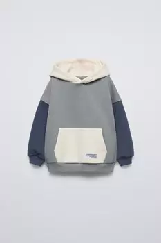 Толстовка с капюшоном в стиле «цветной блок» ZARA, экрю/синий