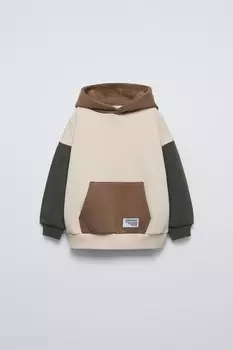 Толстовка с капюшоном в стиле «цветной блок» ZARA, экрю/коричневый