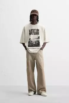 Толстовка с контрастным принтом ZARA, кэмел