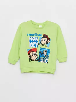 Толстовка с круглым вырезом и длинными рукавами с принтом ностальгических обезьян для маленьких мальчиков LCW baby, фисташковый зеленый
