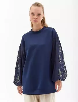 Толстовка с объемными рукавами и вышивкой Etamine, темно-синяя Kayra