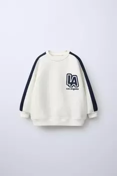 Толстовка с полосами и высотенным лозунгом ZARA, экрю/темно-синий