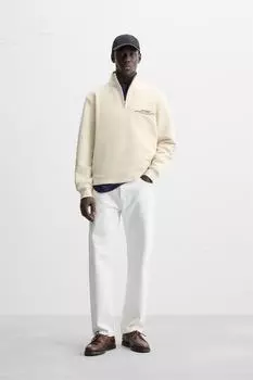 Толстовка с принтом и четвертью молнии ZARA, светло-бежевый