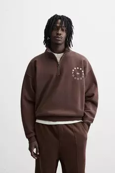 Толстовка с принтом и четвертью молнии ZARA, коричневый