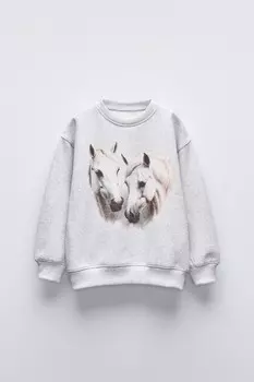 Толстовка с принтом лошадей ZARA, серый мергель