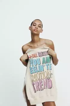 Толстовка с выцветшим лозунгом ZARA, жемчужно-серый