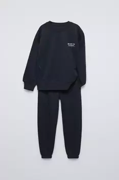 Толстовка с вышитым лозунгом и джоггеры co ord ZARA, темно-синий