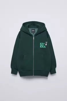 Толстовка с вышитым лозунгом и молнией ZARA, зеленый/синий
