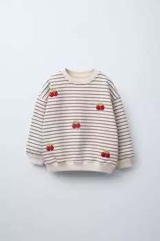Толстовка с вышитыми вишневыми полосами ZARA, экрю