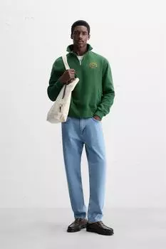 Толстовка с вышивкой на молнии на четверть дюйма ZARA, цвет Dark green