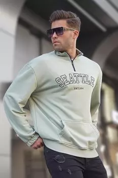 Толстовка с вышивкой на воротнике-молнии мятно-зеленого цвета 6026 MADMEXT